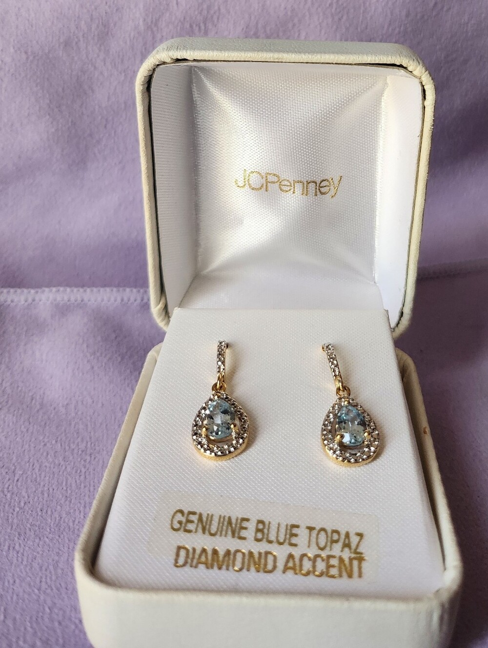 Sterling Silver Gold Plate Blue Topaz Teardrop Earrings with Diamond Accent